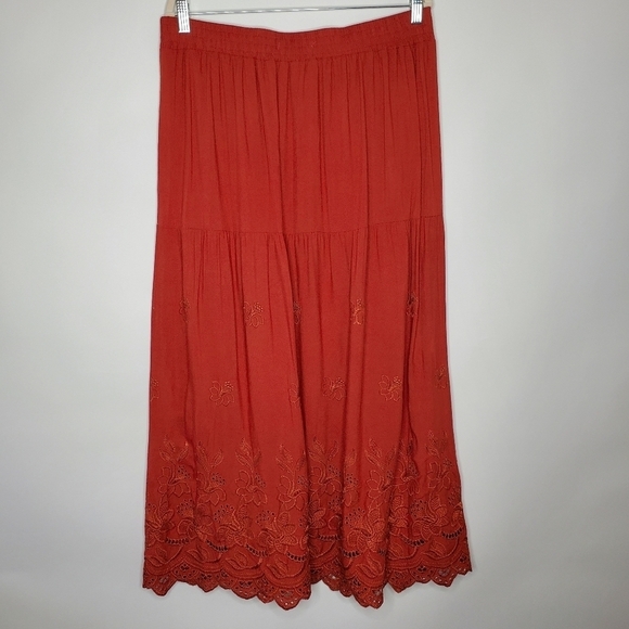 Embroidered Eyelet Maxi Skirt Size XL Rayon Stretch Waist Gypsy Boho Pull-on - Picture 5 of 11